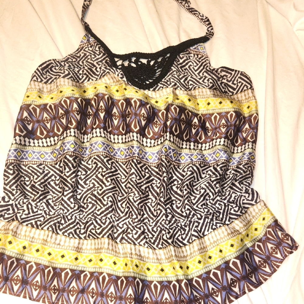 Lane Bryant Geometric Design Halter Top With Peplum Waist & Macrame Front 14/16